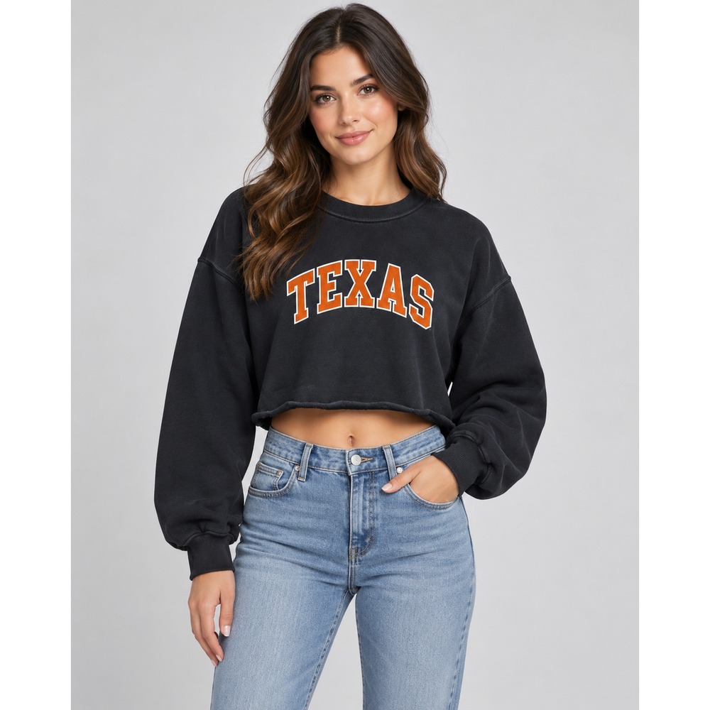Oversized Crop Crew Neck Sweater Raw Cut Hem Black TEXAS PRINT Womens Size 8